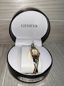 Vintage Geneva Watch Womens Gold & Silver Tone Mother Of Pearl Gemmed Band NOS - Picture 1 of 7