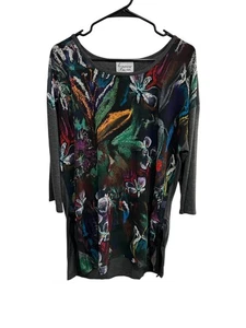 Top túnica Lynn Ritchie estampado abstracto negro multi talla mediana manga 3/4 bohemio - Imagen 1 de 11