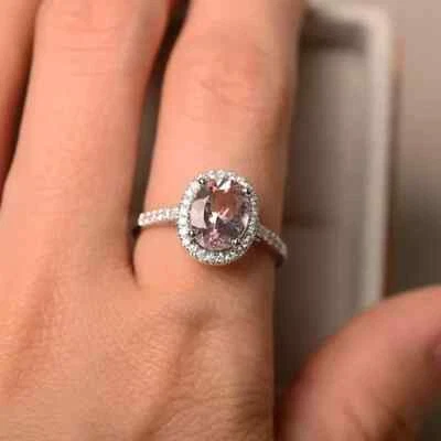 Anillo de compromiso de diamantes morganita natural de corte ovalado de 2,30 quilates de oro blanco real de 14 quilates 6 Foto 1 de 4