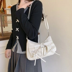 Pleated Bowknot Crossbody Bag Solid Color Pu Dumpling Bag Women - Picture 1 of 17