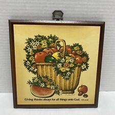 Vintage ￼Hanging Wooden Wall Plaque Fruit Basket Religious Signed Hoeffner 8" sq