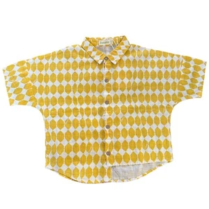 Aimama Yellow Geo Print Asymmetrical Hem Button Front Short Sleeve Shirt S 6 NEW - Picture 1 of 9