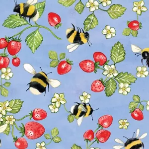 Meant To Bee - Strawberries on Blue Cotton Fabric 110cm wide (per metre) - Picture 1 of 2
