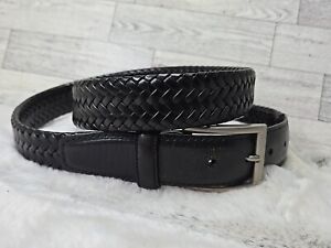Mens Classic Black Leather Braided Belt 42 with Silver Hardware Western 1.5"