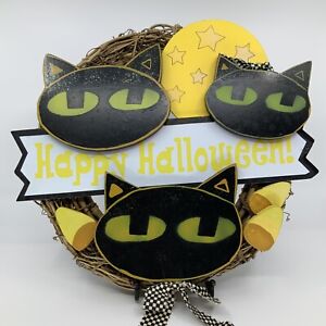 Vintage Wooden Retro Black Cats and Candy Corn Happy Halloween Wreath 15”