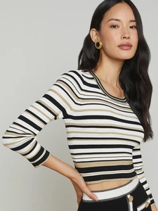 NEW Veronica Beard Yukio White Gold Striped Cropped Knit Sweater Sz L NWT $375 - Picture 1 of 17