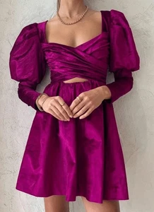 ALEMAIS Rosario puff sleeve velvet mini dress Size14Aus fuchsia pink - Picture 1 of 11