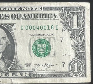 (5 OF A KIND 0s!) $1 5 Of A Kind Fancy Serial Number G00040018I Series 2013 - Picture 1 of 4