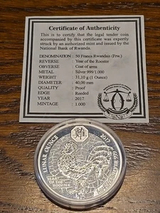 2017 PP Ruanda Lunar Rooster 1oz Silber 999 Münze - nur 1000 geprägt - Bild 1 von 4