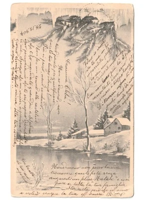 1904 Postal Neve Casas Sobre El Río Ramas De Abeto Decoración Navideña - Imagen 1 de 2