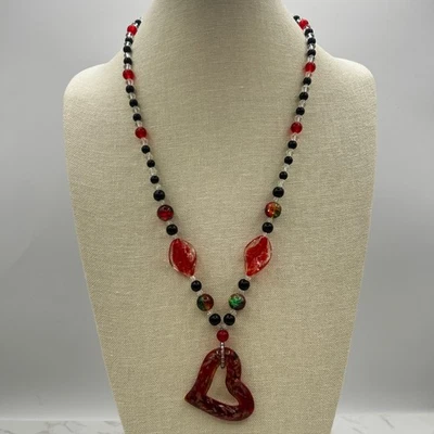 Collar con Cuentas Rojo y Negro Grande Estilo Murano Corazón Colgante Boho Declaración Foto 1 de 4