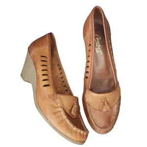 Vintage 80s Tan Cordovan Brown Leather Tassle Loafer Wedges Sz 10 Candies 2.5" - Picture 1 of 9