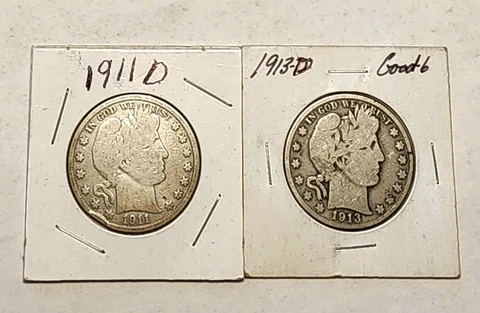 Barber Half Dollar Lot  1911D, 1913D (2) Coins  90% Silver Cover