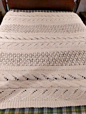 Ivory Cream Intricate Cable Knit AFGHAN Fringe Throw HANDMADE BLANKET 94 X 69 - Image 1 of 4