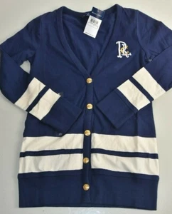 NEW Ralph Lauren Girls LONG Cotton Cardigan Top Embroidered Logo Navy Gold S 7 - Picture 1 of 9