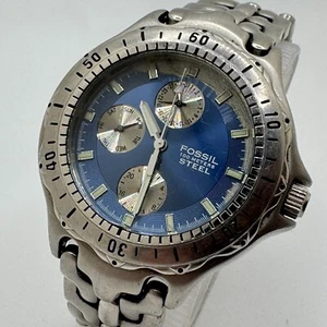 Fossil Quartz Watch FS-2583 Men 100m Screwdown Crown Silver Blue New Batter 6.5" - Picture 1 of 6
