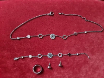 FossilSet |Kette/Ohrstecker/Ring/Arm mit Glitzerscheibe/Edelstahl - Bild 1 von 4