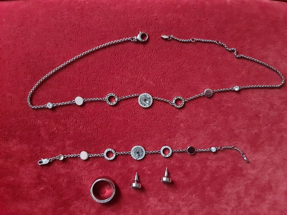 FossilSet |Kette/Ohrstecker/Ring/Arm mit Glitzerscheibe/Edelstahl - Bild 1 von 4