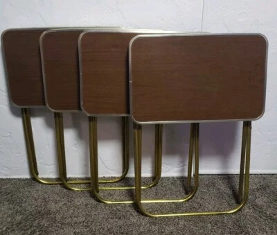 Rare Vintage Set of 4 Faux Wood Grain & Aluminum TV Trays Tables Rounded - Image 1 of 4