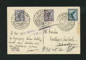 1931 Germany Stuttgart Flight Postcard Used Air Mail Stamps Austria to USA - Picture 1 of 2