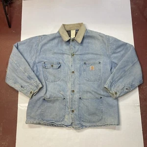 Vintage 90s Carhartt SCB108 XL Xtra Large Stone Washed Wool Lined Denim Jacket - Picture 1 of 24
