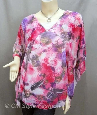 Top boho fluido de gasa abstracto estampado floral rojo rosa púrpura XL Foto 1 de 4