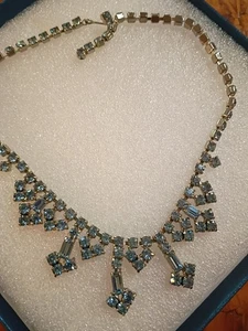 Vintage Halskette silberfarben blau Strass Hänger Mitte Halsband wunderschön 15" - Bild 1 von 8