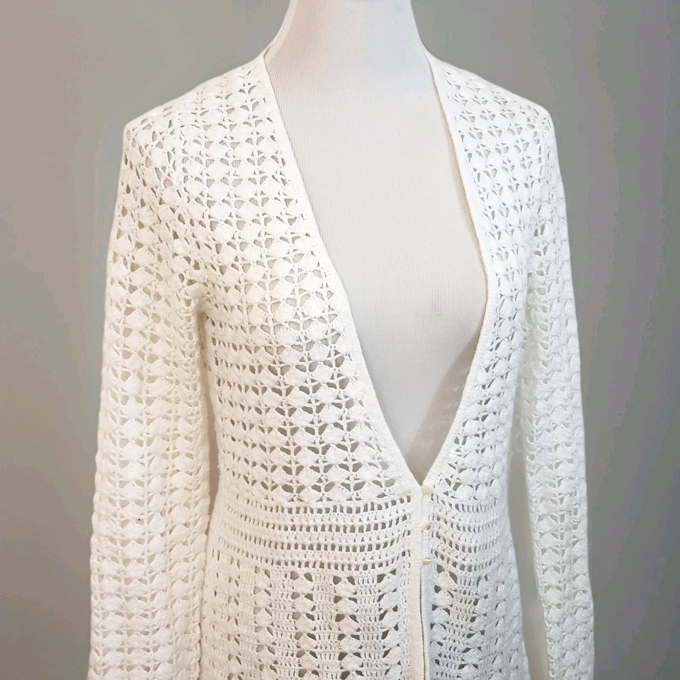 Cárdigan Eddie Bauer Ganchillo a Mano Tejido Abierto Mezcla de Lino Blanco Talla M Foto 1 de 4