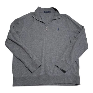 Polo Ralph Lauren 1/4 Zip Gray Heather Pullover Sweater Mens L Navy Blue Pony - Picture 1 of 8