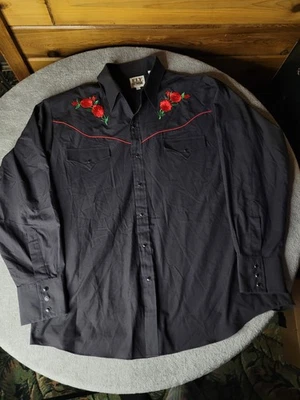 Camisa Western Ely Cattleman Para Hombres XL Floral Rosa Bordada Perla A Presión L/S Negra Foto 1 de 4