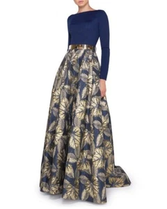 IEENA FOR MAC DUGGAL Long Sleeve Metallic Waist Print Gown Size 16 - Picture 1 of 8