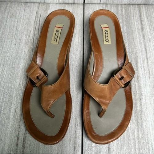 Sandali ECCO marroni in pelle slip on slides perizoma infradito fibbia donna 11 EUR 42