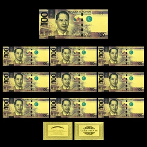 10pcs 2010 Years Philippines 100 Peso Gold Foil Banknotes PET Material Souvenir - Picture 1 of 5