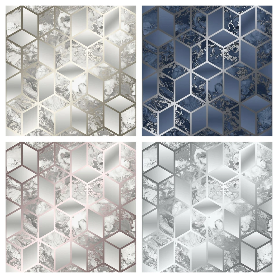 PAPEL TAPIZ METÁLICO ESTAMPADO EN MÁRMOL GEOMÉTRICO MURIVA - AZUL MARINO, ORO ROSA, PLATA, ORO Foto 1 de 1