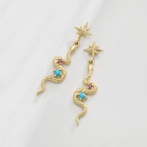 14K Yellow Gold Snake Earrings with Turquoise & Ruby - Picture 1 of 4