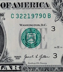 2021 $1 bill fancy serial, birthday date note 32219790 March 22, 1979 - Picture 1 of 3