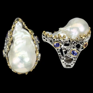 Sommer 925 Silberring Oval Tansanit Turmalin Perle Edelstein 7.5 Handgemacht - Bild 1 von 10