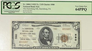 1929 $5 PCGS 64PPQ FR 1800-2 Ch#580 Harrisburg National Bank Note Item#P18235 - Picture 1 of 2