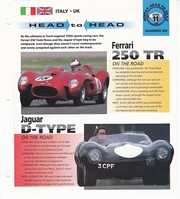 Hoja de especificaciones de comparación de autos de carreras Ferrari 250 TR vs. Jaguar tipo D folleto HOT CARS Foto 1 de 3