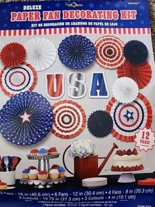 Independence Day Patriotic Deluxe Paper Fan Decoration Kit 12 Pieces Party... - Picture 1 of 9