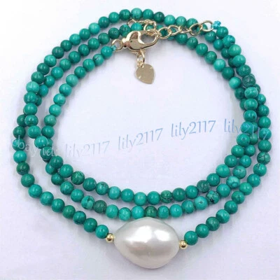 6mm Green Turquoise Round Gems White Freshwater Pearl Pendant Necklace 18 inches - image 1 of 3