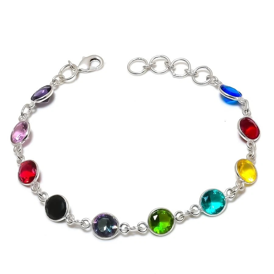 Nice Multi Color Gemstone Handmade 925 Sterling Silver Jewelry Bracelet Sz 7-8" - Image 1 of 1