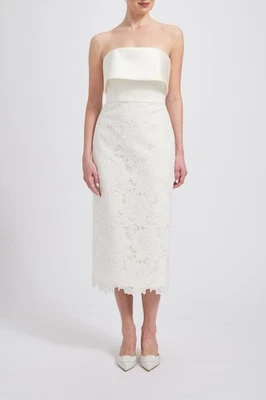 NUEVO CON ETIQUETAS AMSALE Vestido de Encaje Guipur Boda Hasta el Té Satinado Marfil $750 Foto 1 de 4