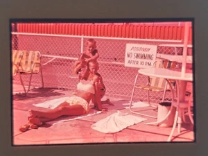 Vintage 35mm Color Film Slide Poolside Family Scene No Swimming Sign - Picture 1 of 3