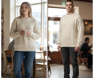 Suéter tejido con cable marfil 100 % lana talla M # 1117 Carraig Donn para hombre/mujer Foto 1 de 4