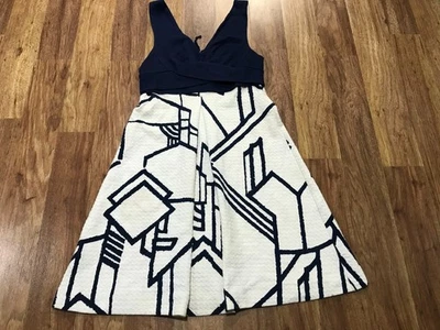 WOMENS 0P Petite HD in Paris Fit Flare Dress Geometric Textured Skirt Blue White - Image 1 of 4