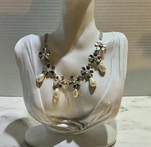 21” Silver Statement Necklace w/ Flowers - Pearls & Clear Rhinestones - Wedding! - Picture 1 of 17