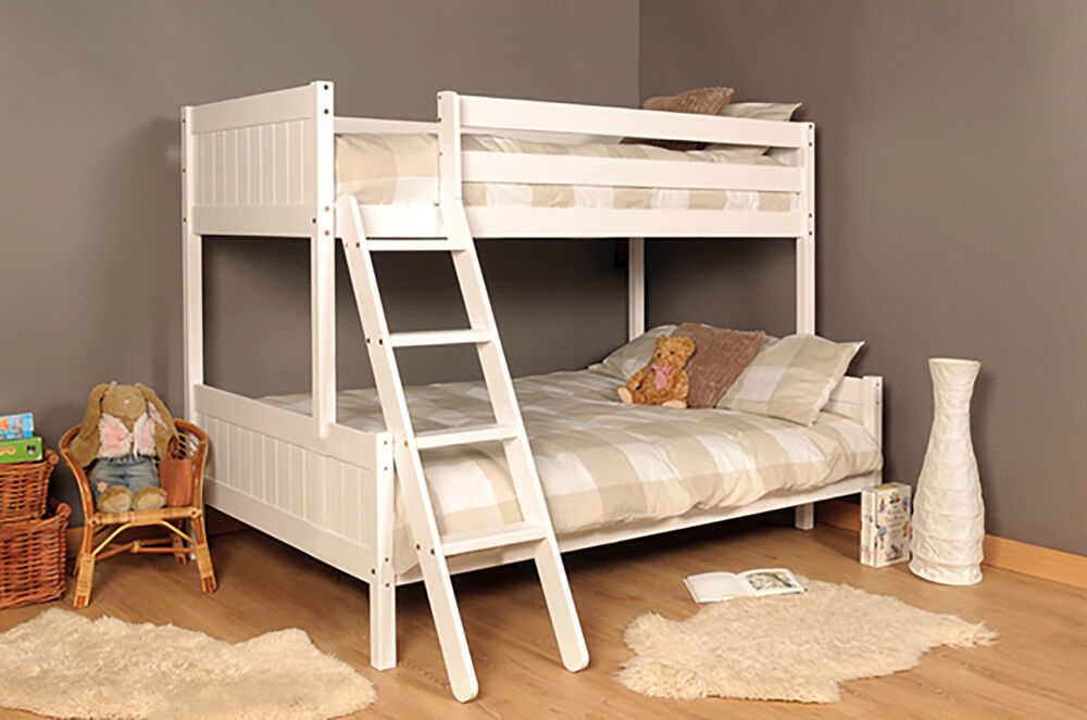 3ft 4ft Triple wooden Bunk Bed kids Pine White or Grey & Mattress Option 