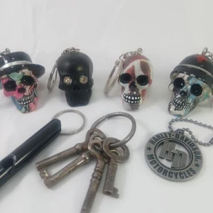 4 Skull Keychains 1 Whistle Keychain 1 Set Of 4 Old Keys Ring & 1 Harley KC 87 - Picture 1 of 4