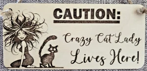 CAUTION Crazy Cat Lady Lives Here Decorative Wooden Sign Gift Plaque New Kitten - Picture 1 of 12